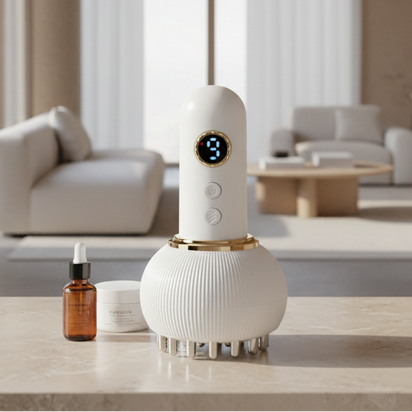 White electronic device with digital display on a table in a modern living room.